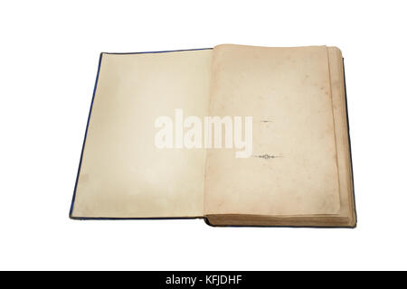 Old book open on both blank shabby pages with stains and scratches. Stock Photo