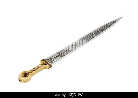 Beautiful example of caucasian dagger with gilded grip and blade from Damascus steel in form of Rome sword. 19 century (Time of Russian-Caucasian wars Stock Photo