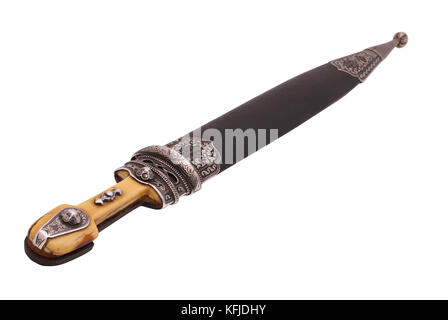 Beautiful example of caucasian dagger with ornament grip and blade from Damascus steel. (1907). Dag(h)estani master who worked in Tiflis (modern Tbili Stock Photo