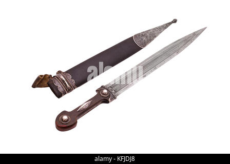 Caucasian (Dagestan) dagger with beautiful grip, blade from Damascus stee and rich ornament scabbard. (The end of the 19th century). Russia. Stock Photo