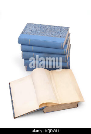 Old book open on both blank shabby pages with stains and scratches. Stock Photo