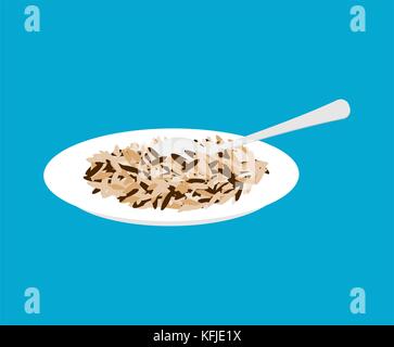 Wild rice porridge in plate and spoon isolated. Healthy food for breakfast. Vector illustration Stock Vector