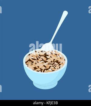 Bowl of wild rice porridge and spoon isolated. Healthy food for breakfast. Vector illustration Stock Vector