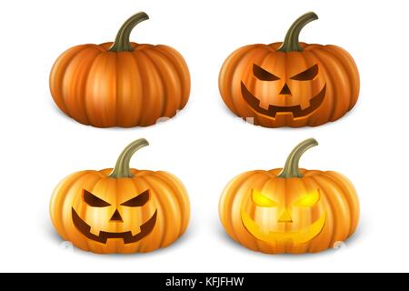 Realistic pumpkin set - head jack lantern icon closeup isolated on white background. Halloween Symbol. Design template, stock vector illustration, eps Stock Vector