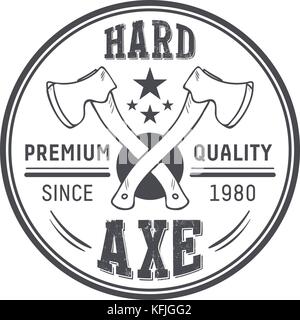 Vintage carpentry vector logotype. Wood work and manufacture label template. Detailed emblem with two lumberjack axes. Stock Vector