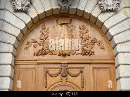 Close-up of arch above righter entrance of Johanneum at Neumarkt square in Dresden, Saxony, Germany. Stock Photo