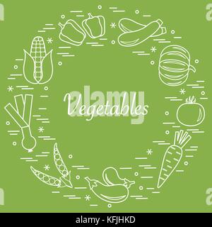 Cute vector illustration of different autumn seasonal vegetables arranged in a circle. Pumpkin, onion, eggplants and other fall vegetables for announc Stock Vector