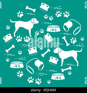 Cute vector illustration goods to care for dogs arranged in a circle.  Health care, vet, nutrition, exhibition. Design for banner, poster or print. Stock Vector