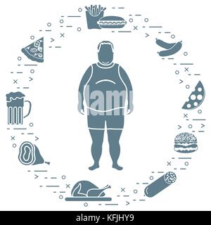 Fat man with unhealthy lifestyle symbols around him. Harmful eating habits. Design for banner and print. Stock Vector