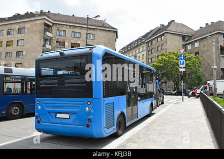 Blue buses on the streets of Budapest, Hungary Stock Photo