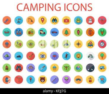 Camping icons set. Flat vector related icon set with long shadow for web and mobile applications. It can be used as - logo, pictogram, icon, infograph Stock Vector