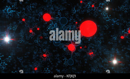 An impressive 3d rendering of red and black molecule structures on the black background. The white sparkling spots are seen in the corners. The blue s Stock Photo