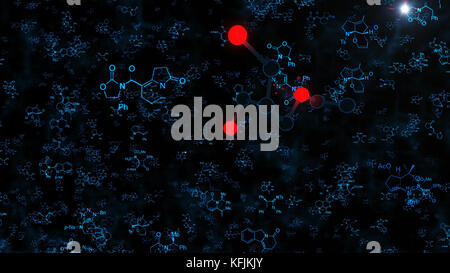 An astonishing 3d rendering of black and red molecule structures on the black background with white sparkling spots, blue formulas and letters. The bl Stock Photo