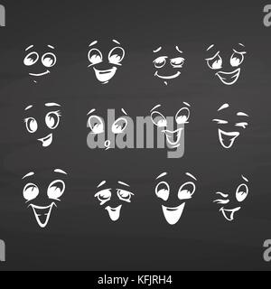 Happy faces chalk on chalkboard. Handdrawn vector sketch, clean outlines, vintage style blackboard. Stock Vector