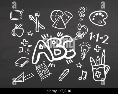 ABC Back to school doodles on chalkboard. Handdrawn vector sketch, clean outlines, vintage style blackboard. Stock Vector