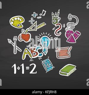 Back to school colored chalk doodles on chalkboard. Handdrawn vector sketch, clean outlines, vintage style blackboard. Stock Vector