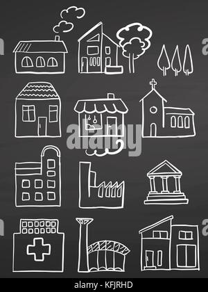 Various House Sketches on Chalkboard. Handdrawn vector sketch, clean outlines, vintage style blackboard. Stock Vector
