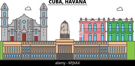 Cuba, Havana outline city skyline, linear illustration, banner, travel landmark, buildings silhouette,vector Stock Vector