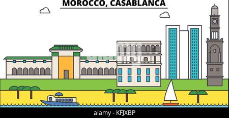 Morocco, Casablanca outline city skyline, linear illustration, banner, travel landmark, buildings silhouette,vector Stock Vector