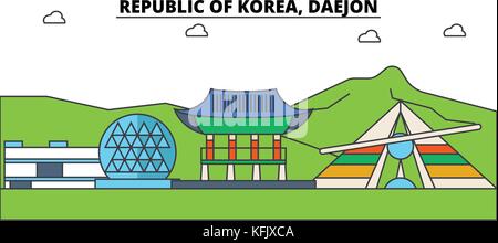 South Korea, Daejon outline city skyline, linear illustration, banner, travel landmark, buildings silhouette,vector Stock Vector