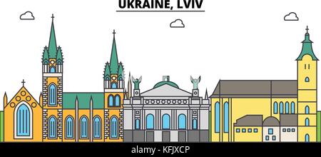 Ukraine, Lviv outline city skyline, linear illustration, banner, travel landmark, buildings silhouette,vector Stock Vector
