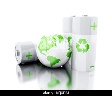 3d illustration. Batteries with recycling symbol and earth globe. Environmental care concept. Isolated white backgroud Stock Photo