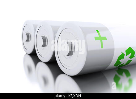 3d illustration. Batteries with recycling symbol. Eco energy concept. Isolated white backgroud Stock Photo