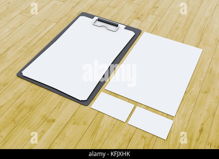 3d illustration. Business cards and blank notepads on wooden table. Mock-up for branding identity Stock Photo