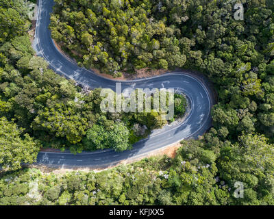 Aerial shot looking straight down of a winding two lane road through bush land. Stock Photo