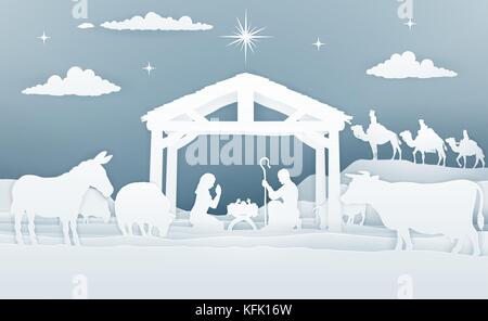 Nativity Christmas Scene Paper Art Style Stock Vector