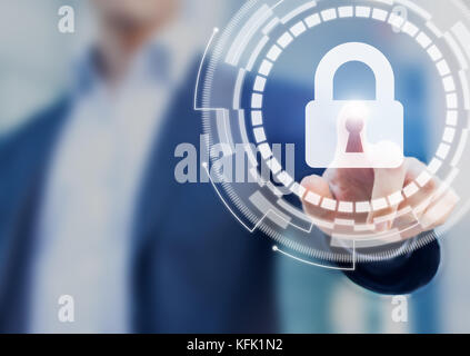 Cyber security and data privacy protection on internet concept with business user touching secure access login button with lock icon on virtual interf Stock Photo