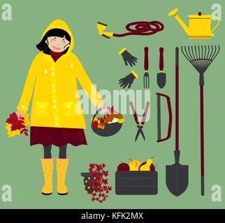 Autumn girl in yellow raincoat with gardening instruments and equipment. Gardening fork, shovel, gloves, saw and others. isolated vector illustration Stock Vector