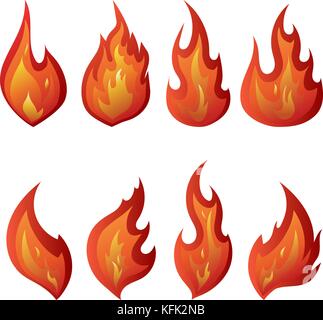 Set of red fire icons. Flat vector illustration. Collection of red with orange flames isolated on white Stock Vector
