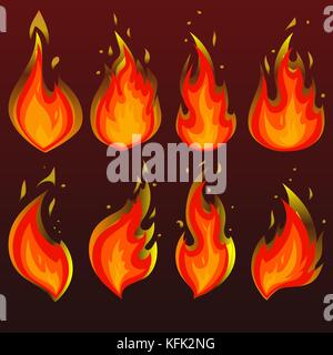Set of red fire icons. Flat vector illustration. Collection of red with orange flames on brown gradient background Stock Vector