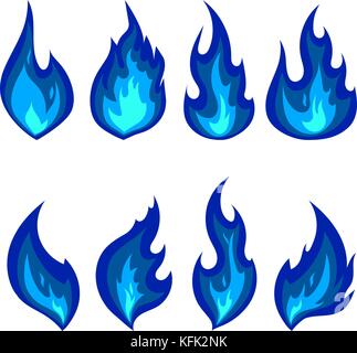 Set of blue fire icons. Flat vector illustration. Collection of blue flames isolated on white Stock Vector