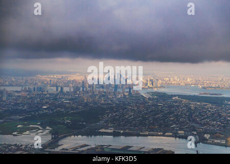 HOBOKEN, NJ - September 16th, 2017: View of Manhattan and New Jersey from the window seat of an airplaine taking off from Newark Stock Photo