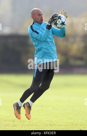 Chelsea goalkeeper Willy Caballero during the training session at CFC Training Ground, Cobham. Stock Photo