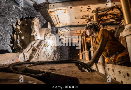 Underground coal face exhibition with machinery  at the  National Mining Museum at Newtongrange in Scotland, United Kingdom. Stock Photo