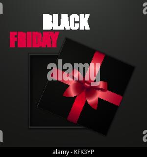 Black friday sale Black cardboard box tied with a red ribbon with a bow is lying on a black background with the inscription Black friday Top view Temp Stock Vector