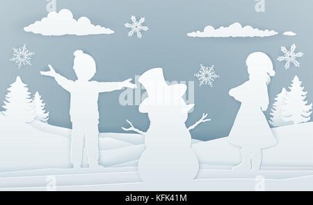 Children Building Snowman Paper Art Style Stock Vector