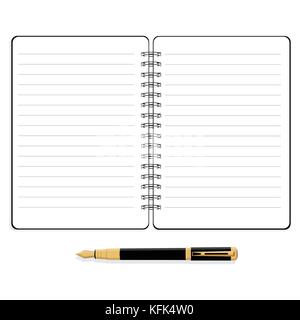 Vector illustration realistic open diary, planner or notebook and fountain pen. Office and business supplies for lists, reminders, schedules or agenda Stock Vector
