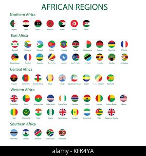 Vector illustration set of African region flags with names. Stock Vector