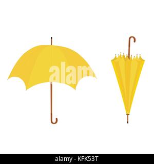 Set, collection of two yellow umbrellas opened and closed vector illustration. Umbrella rain, umbrella icon Stock Vector