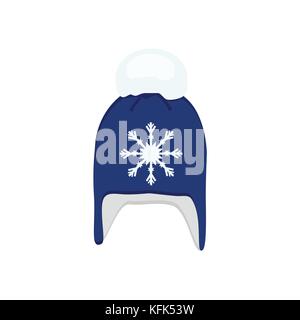 Vector illustration winter hat cap with snowflake and pompom  flat design Stock Vector