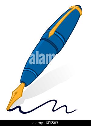 Colorful blue outline cartoon of a classic fountain pen with the lid placed over the back and the nib drawing a line, vector illustration Stock Vector