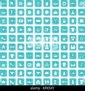 100 sewing icons set grunge blue Stock Vector