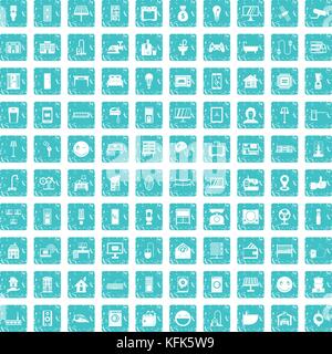 100 smart house icons set grunge blue Stock Vector