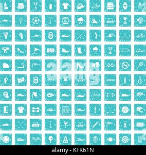 100 sneakers icons set grunge blue Stock Vector