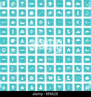 100 snow icons set grunge blue Stock Vector