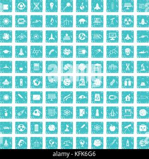 100 space icons set grunge blue Stock Vector